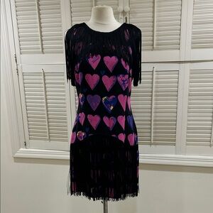 Versace Black and Pink Heart Fringe Dress in perfect condition